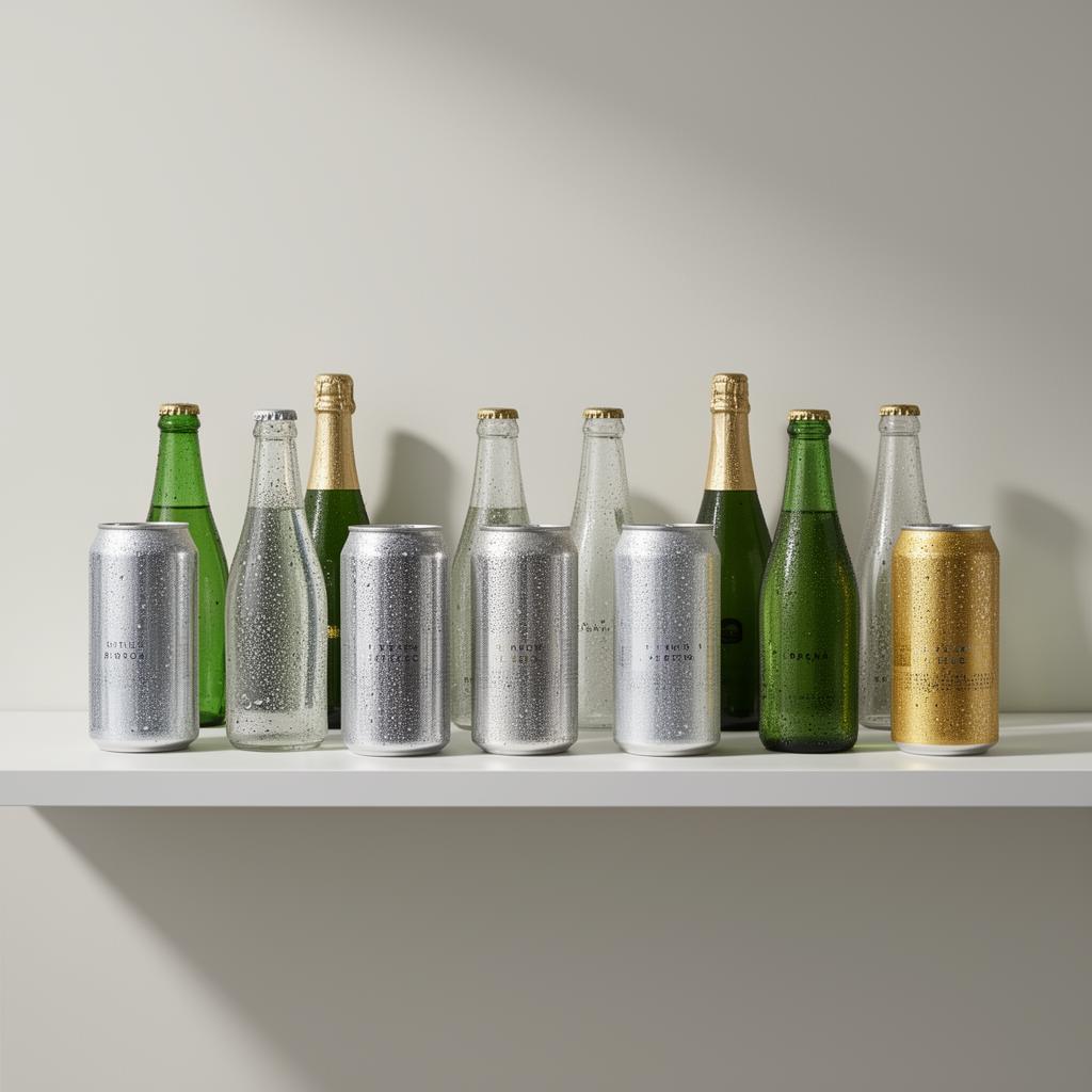 Curated collection of sparkling drink cans and bottles on a minimalist shelf display