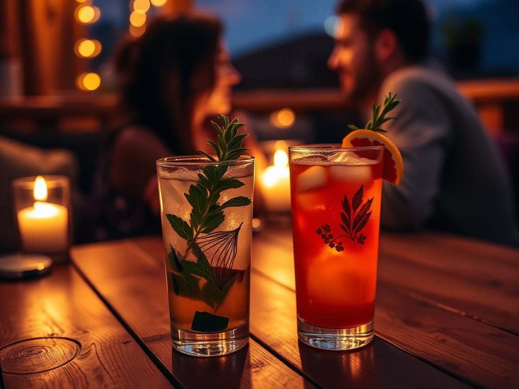 Two craft botanical cocktails on a candlelit table