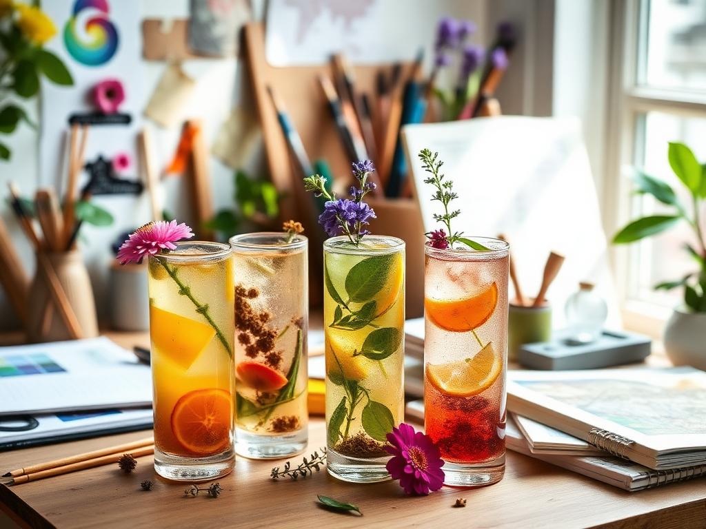 Colorful botanical drinks in a creative workspace