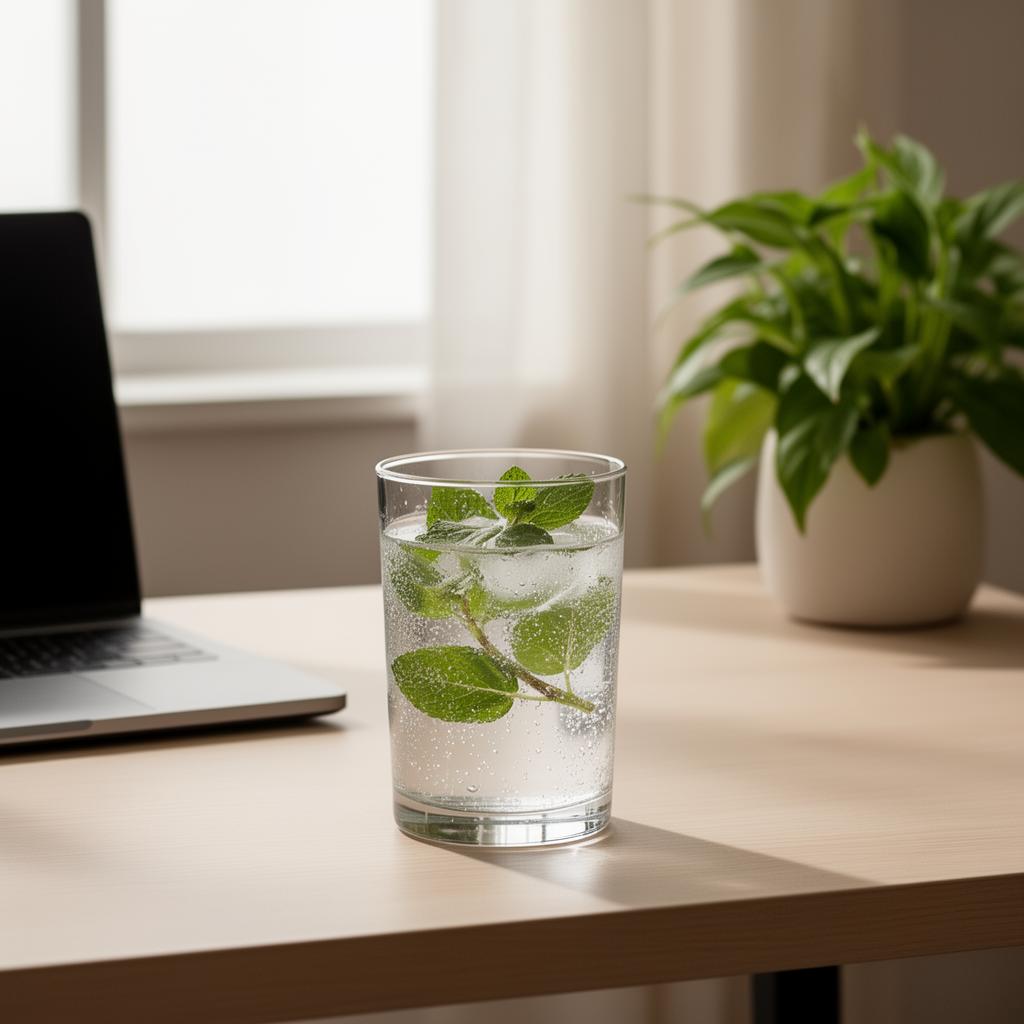Focus-enhancing botanical drink at a clean workspace