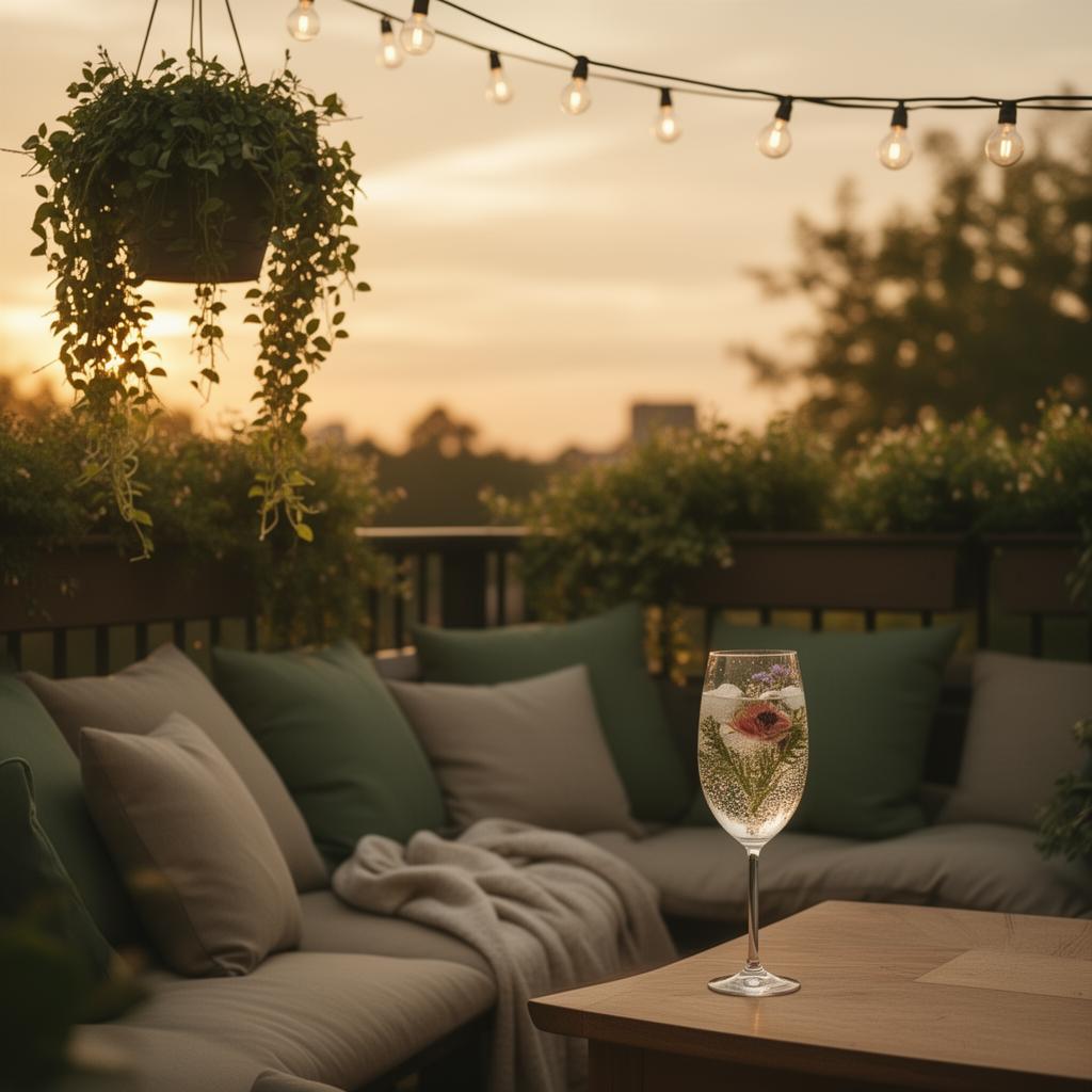 Sparkling botanical drink on a sunset patio with string lights and cushions