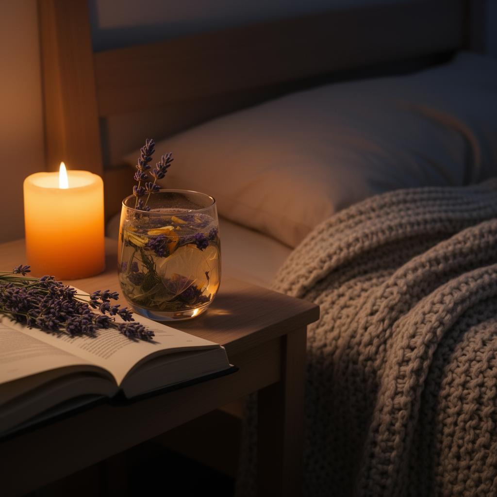 Calming botanical sleep drink on a nightstand with lavender and candlelight