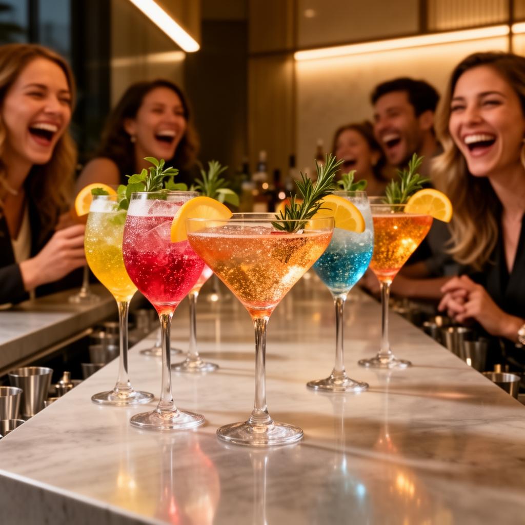 Colorful sparkling drinks at a social gathering with friends laughing