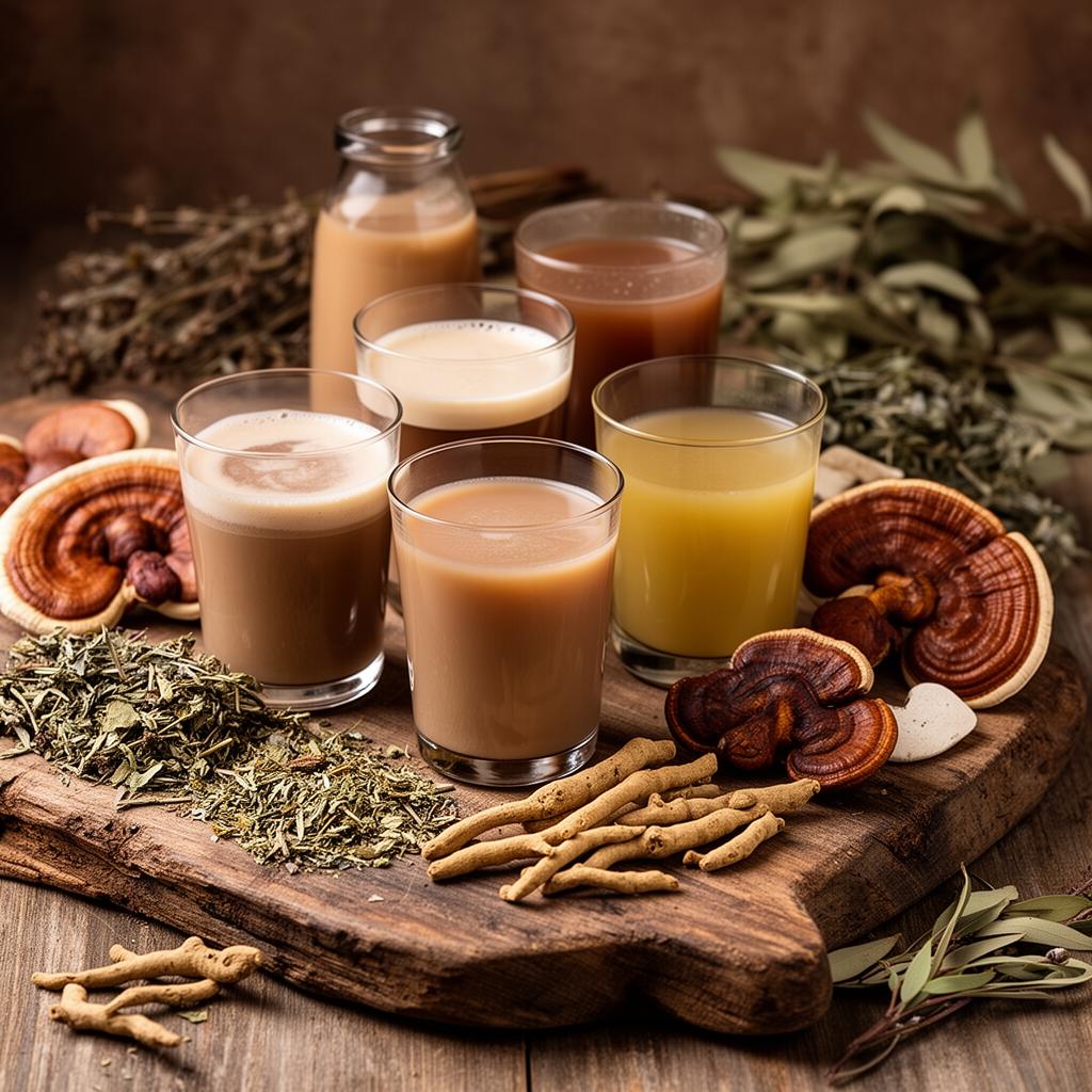 Adaptogenic mushroom and herbal drinks with reishi, ashwagandha root, and botanicals on a rustic board
