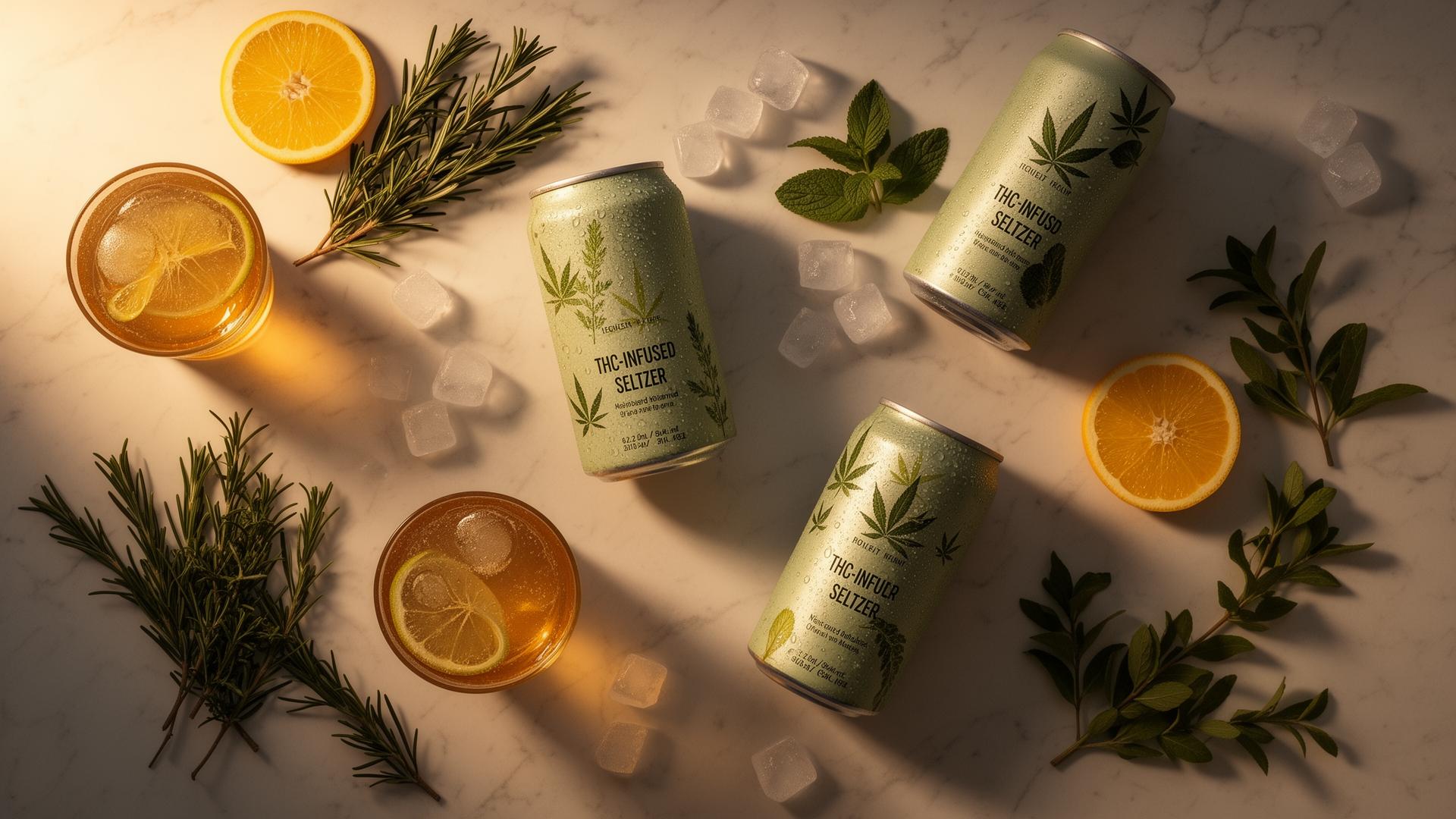 Hemp-derived THC beverages styled on a clean editorial background
